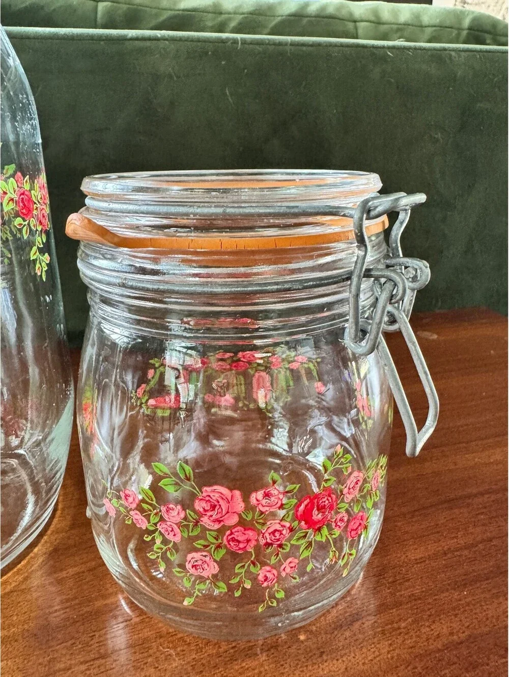 Vintage ARC France Glass Canister Set – Red Rose Pattern (Set of 2)
